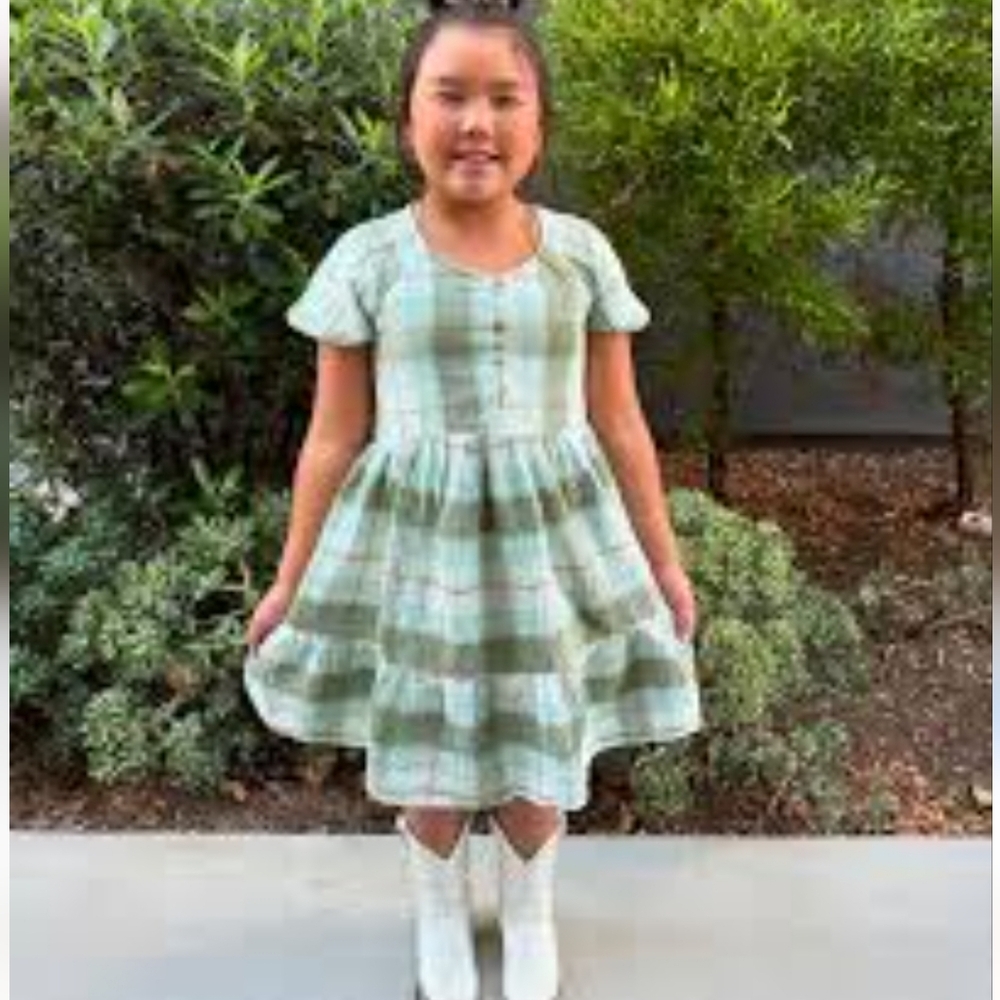 Cat & Jack Girl's Short Sleeve Gauze Dress Green Plaid - L (10-12)